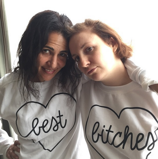 Lena Dunham prepped for the night alongside Jenni Konner, a producer on her show ‘Girls.’ They went head to head with corresponding heart sweatshirts.  @lenadunham/Instagram