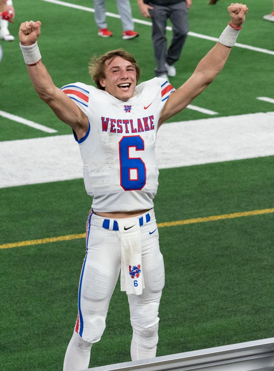 Chap QB Cade Klubnik exults after the 52-34 win by Westlake over Southlake Carroll during the UIL 6A, Division 1, State Championship at AT&T Stadium on January 16, 2021.