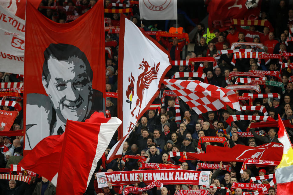 <p>Soccer Football – Champions League Quarter Final First Leg – Liverpool vs Manchester City – Anfield, Liverpool, Britain – April 4, 2018 Liverpool fans before the match Action Images via Reuters/Carl Recine </p>