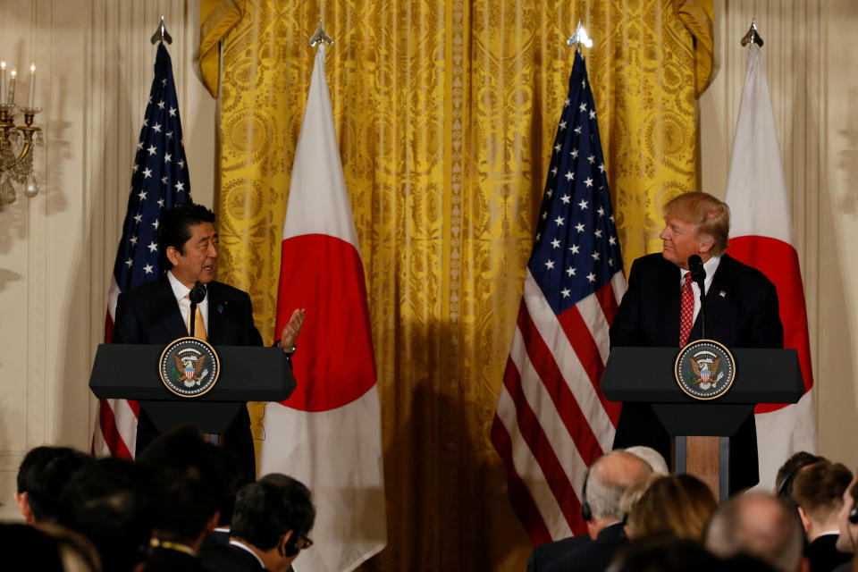 Japanese Prime Minister Shinzo Abe (L) and U.S. President Donald Trump hold a joint press conference at the White House in Washington, U.S., February 10, 2017. REUTERS/Jim Bourg