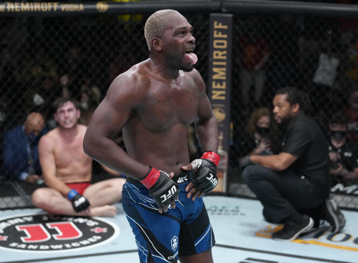 LAS VEGAS, NEVADA - SEPTEMBER 04: Derek Brunson reacts after his submission victory over Darren Till of England in their middleweight fight during the UFC Fight Night event at UFC APEX on September 04, 2021 in Las Vegas, Nevada. (Photo by Jeff Bottari/Zuffa LLC)