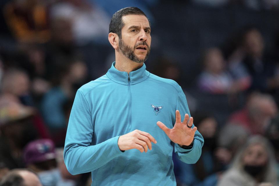 Charlotte Hornets head coach James Borrego looks on during the first half of an NBA basketball game against the Cleveland Cavaliers in Charlotte, N.C., Friday, Feb. 4, 2022. (AP Photo/Jacob Kupferman)