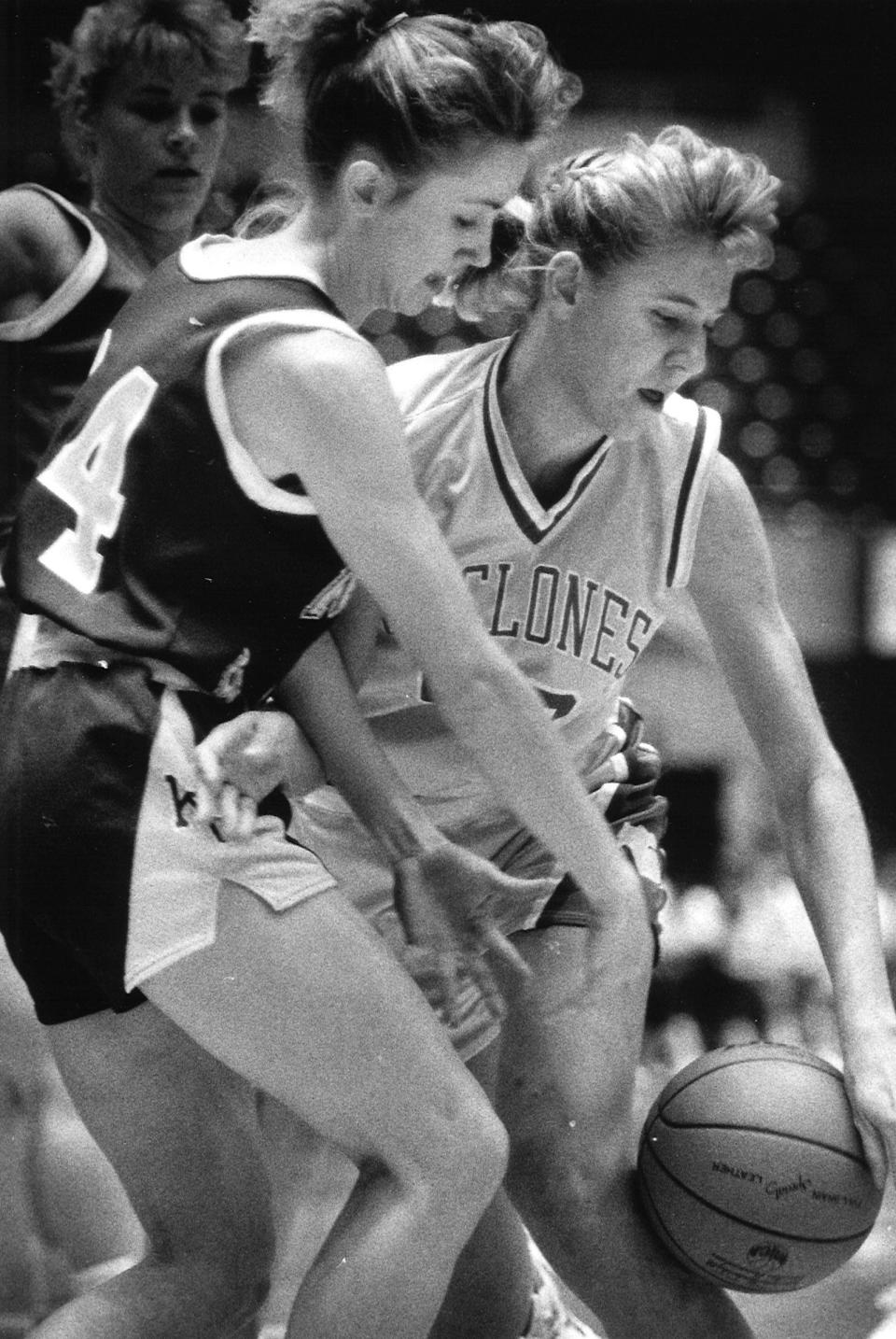 Carmen (Jaspers) Dick, right, was a 3,200-point scorer for Ackley-Geneva and went on to play for Iowa State. Her son, Gradey Dick, starred for Kansas, which played at Wells Fargo Arena in the NCAA Tournament in March.