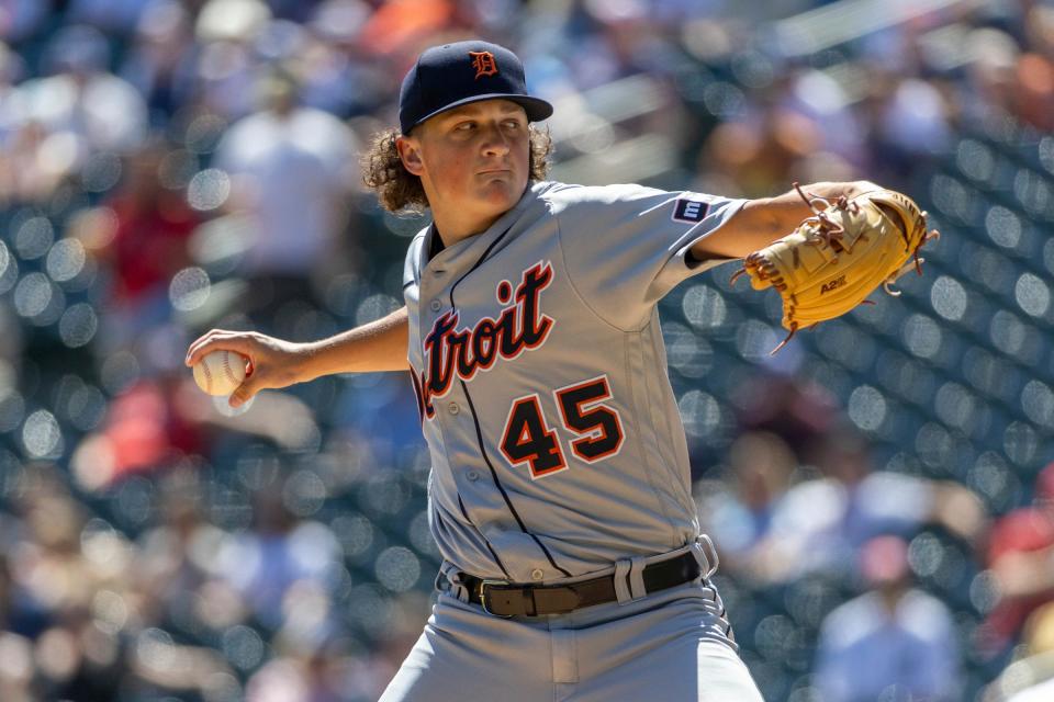 Tigers pitcher Reese Olson delivers a pitch against the Twins in the first inning on Wednesday, Aug. 16, 2023, in Minneapolis.