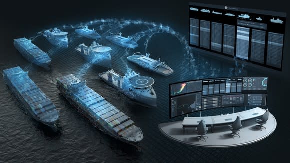 A graphic of ships transmitting information back to a data center for analysis.