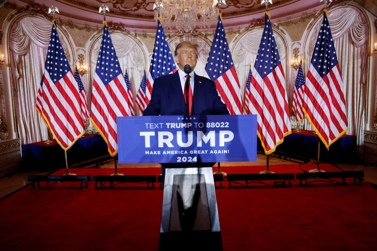 Former U.S. President Donald Trump announces that he will once again run for U.S. president in the 2024 U.S. presidential election during an event at his Mar-a-Lago estate in Palm Beach, Florida, on Nov. 15, 2022.
