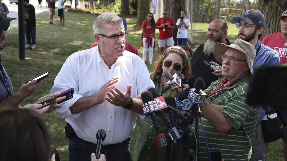 Darren Bailey talks to reporters in Springfield, Illinois, in 2022. - Terrence Antonio James/Chicago Tribune/Getty Images