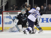 SAN JOSE, CA - APRIL 19: B.J. Crombeen #26 of the St. Louis Blues scores a goal on Joe Pavelski #8 and goalie Antti Niemi #31 of the San Jose Sharks in the first period of Game Four of the Western Conference Quarterfinals during the 2012 NHL Stanley Cup Playoffs at HP Pavilion on April 19, 2012 in San Jose, California. (Photo by Ezra Shaw/Getty Images)