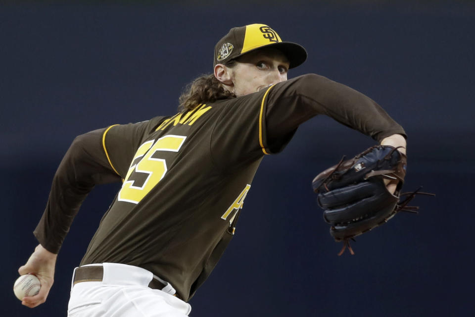 San Diego Padres starting pitcher Matt Strahm works against a Cincinnati Reds batter during the first inning of a baseball game Friday, April 19, 2019, in San Diego. (AP Photo/Gregory Bull)