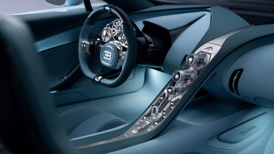 The interior of a Bugatti Tourbillon hypercar.