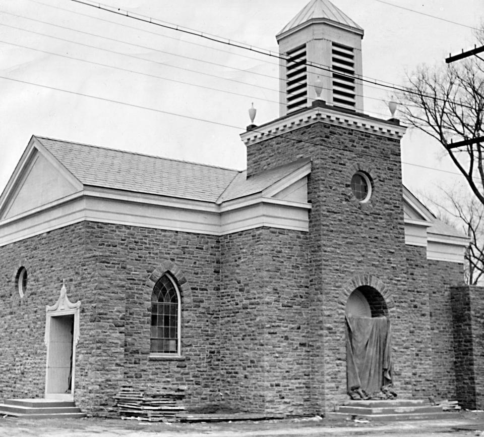 In 1919, Catholics in fast-growing South Utica were attending Mass in a small two-room house on the southwest corner of Genesee Street and Barton Avenue. It was the beginning of the Church of our Lady of Lourdes parish and the Rev. James F. Collins was its pastor. Soon after, a frame edifice was added to the house. It seated 520. In 1940, a new front was built extending toward Genesee. Native gray stone—from quarries on Paris Hill—was used on the front of the building and on facings for other sections. The remodeled church—shown here in 1965—seated 640. The parish continued to grow and seven Masses were celebrated every Sunday—five in the church and two in the school auditorium. It was decided to build a new church across the street that would seat 1,200. The new church of Our Lady of Lourdes—today Mary, Mother of Our Savior—was dedicated in November 1968. Today the Rev. Joseph Salerno is pastor. The old church building was torn down in 1969.