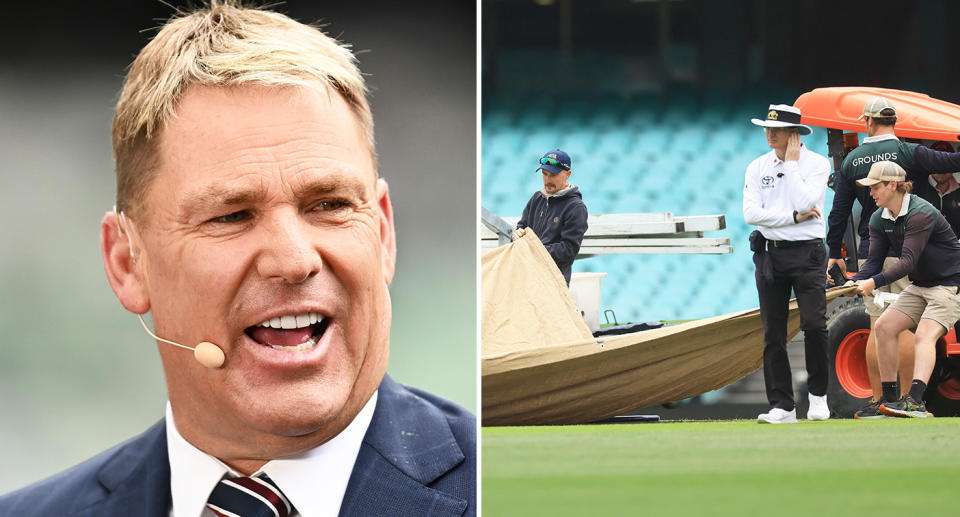 Pictured Shane Warne left and SCG covers coming on right