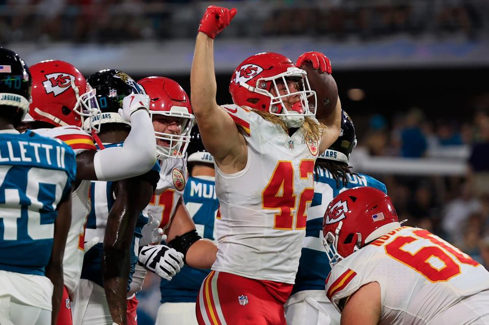 Kansas City Chiefs running back Carson Steele (42) celebrates his touchdown score during the second quarter of a preseason NFL football game Saturday, Aug. 10, 2024 at EverBank Stadium in Jacksonville, Fla. [Corey Perrine/Florida Times-Union]