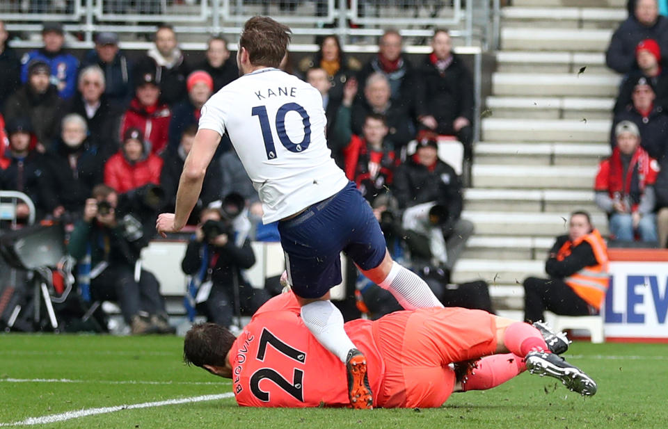 Kane injured his ankle after colliding with Asmir Begovic