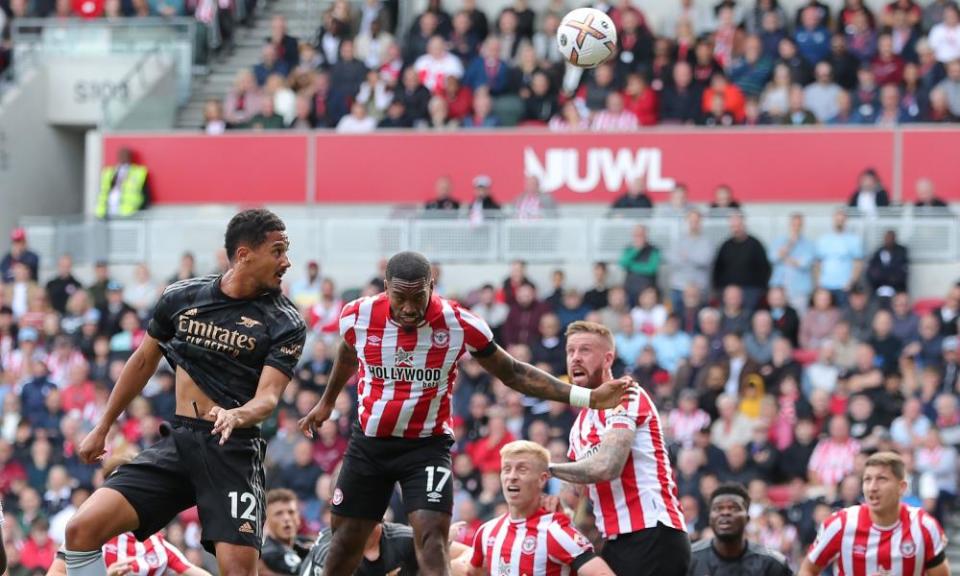 William Saliba heads in Arsenal’s opening goal at Brentford