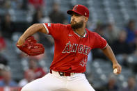 Los Angeles Angels starting pitcher Patrick Sandoval throws to a Tampa Bay Rays batter during the first inning of a baseball game in Anaheim, Calif., Tuesday, April 9, 2024. (AP Photo/Alex Gallardo)