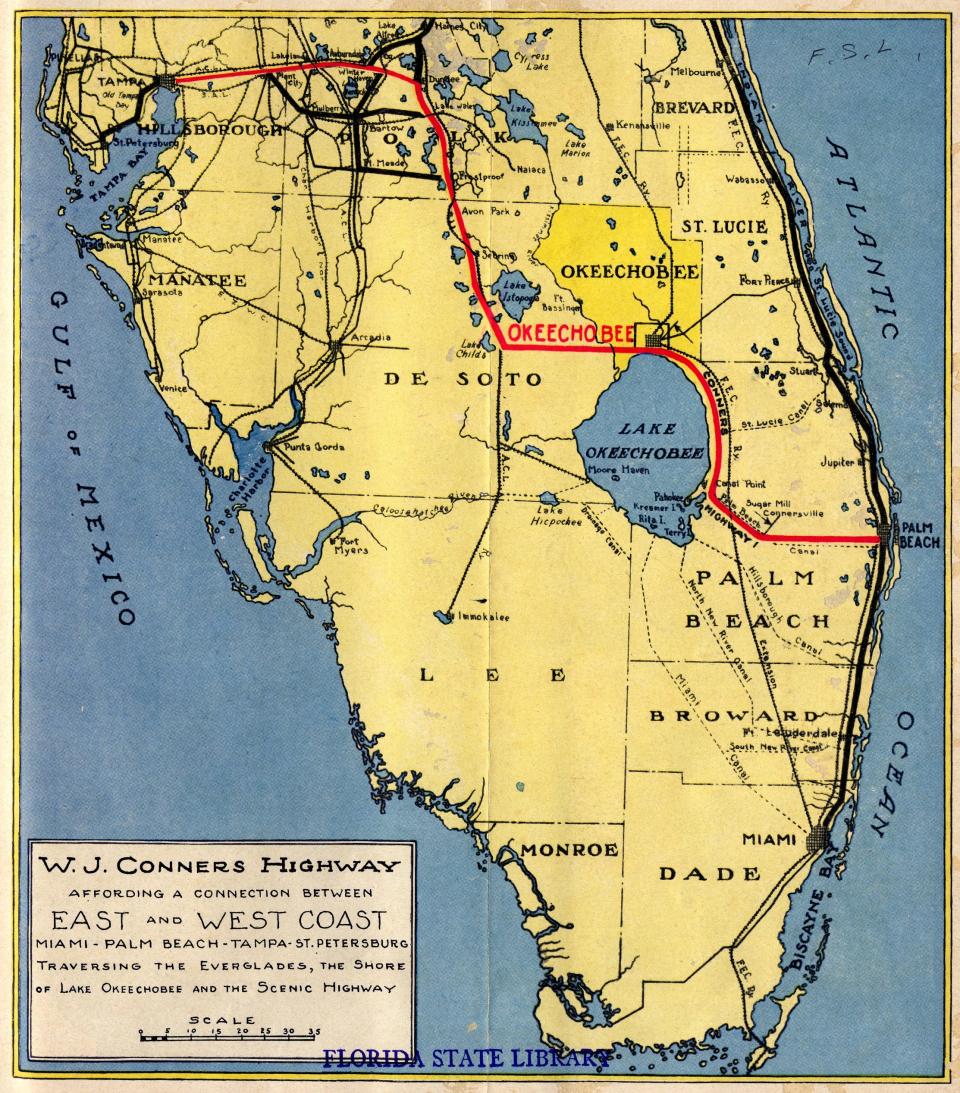 Color map showing the route of the Conners Highway and its connections, making a complete east-west route between Florida's Gulf and Atlantic coasts. The map was included in a pamphlet promoting the area around Okeechobee City as prime agricultural real estate. In addition to the highway, the map also shows the locations of several canals leading away from Okeechobee, as well as railroads, bodies of water, and names of major towns and cities.