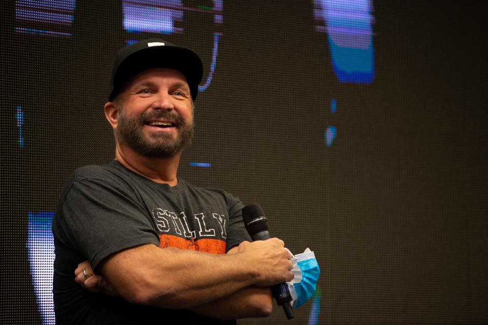 Garth Brooks holds a press conference ahead of his Saturday night concert at Nissan Stadium Friday, July 30, 2021 in Nashville, Tenn. 