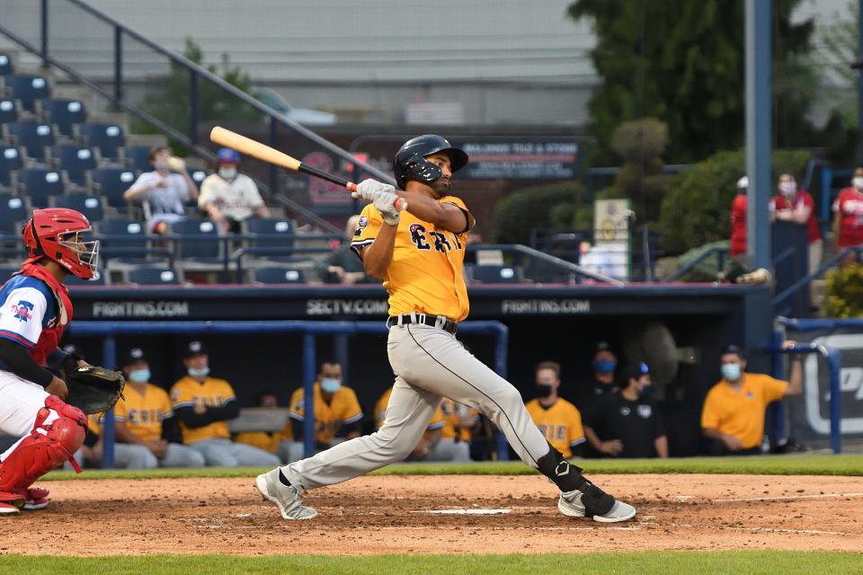 SeaWolves outfielder Riley Greene finishes his swing during the win over Akron on Wednesday, May 12, 2021, in Erie, Pennsylvania.