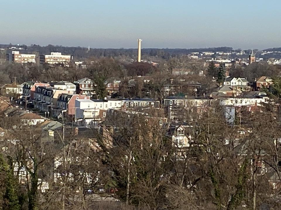 The view from the north-facing terrace of York College’s Yorkview Hall. The smokestack marking the site of the York County History Center’s new museum and headquarters, under construction, is seen at center.