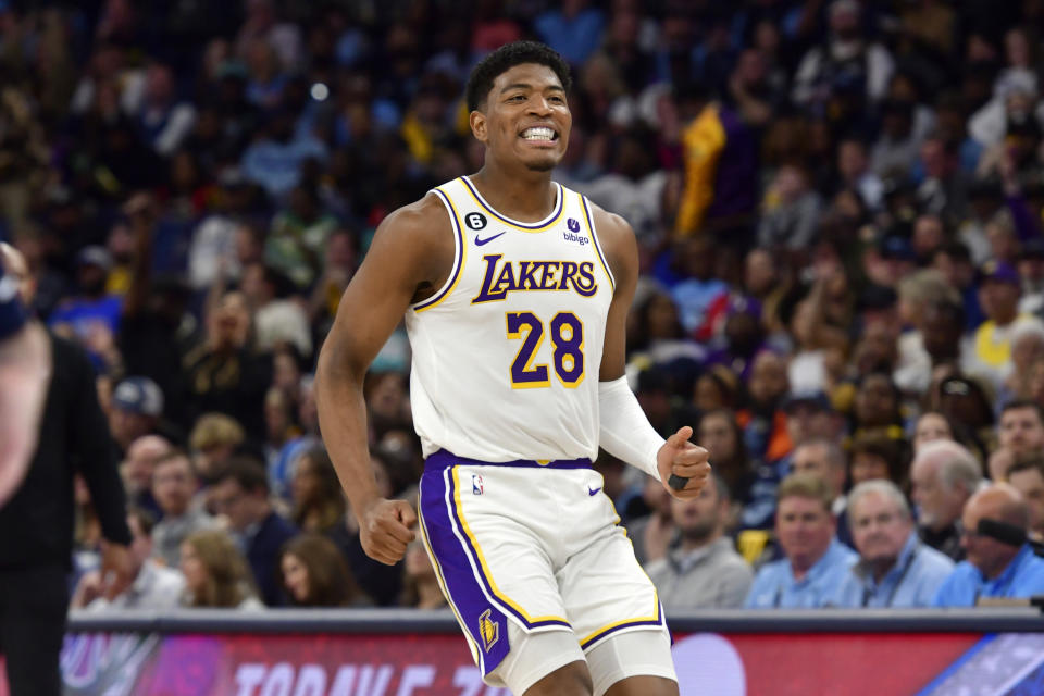 Los Angeles Lakers forward Rui Hachimura (28) reacts during Game 1 of a first-round NBA basketball playoff series against the Memphis Grizzlies, Sunday, April 16, 2023, in Memphis, Tenn. (AP Photo/Brandon Dill)