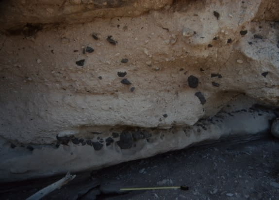 These rocks were picked up and moved across the Arizona landscape by pyroclastic flows from the Silver Creek caldera, a supervolcano, eruption 18.8 million years ago.