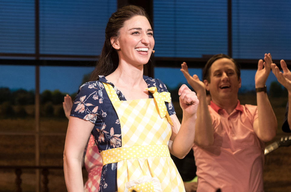 Sara Bareilles performs during the curtain call for Broadway's "Waitress" at The Brooks Atkinson Theatre on March 31, 2017 in New York City. 