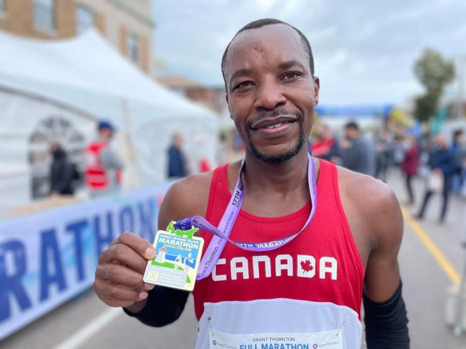 Dennis Mbelenzi of Halifax set the P.E.I. Marathon record Sunday with a time of 2:30:23.  (Tony Davis/CBC - image credit)