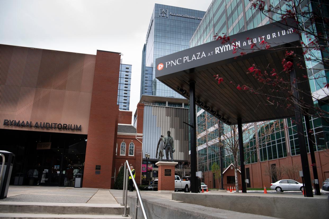 The new PNC Plaza stage sits outside the Ryman Auditorium Wednesday, March 31, 2021 in Nashville, Tenn.  The stage will host pre-concert entertainment when the venue returns to normal operations.