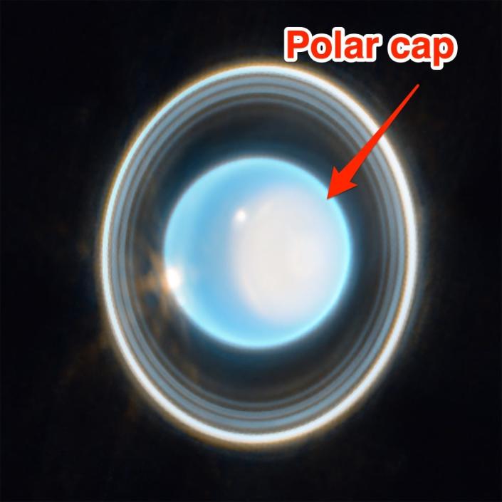 Eine Bildunterschrift für das JWST-Bild lautet "  Polkappe "  Mit einem Pfeil, der auf einen leicht blassblauen Bereich auf Uranus zeigt.