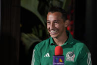 FILE - Mexico's Andres Guardado fields questions during the soccer team's Media Day ahead of the 2022 FIFA World Cup in Qatar Tuesday, Sept. 20, 2022, in Carson, Calif. (AP Photo/Marcio Jose Sanchez, File)