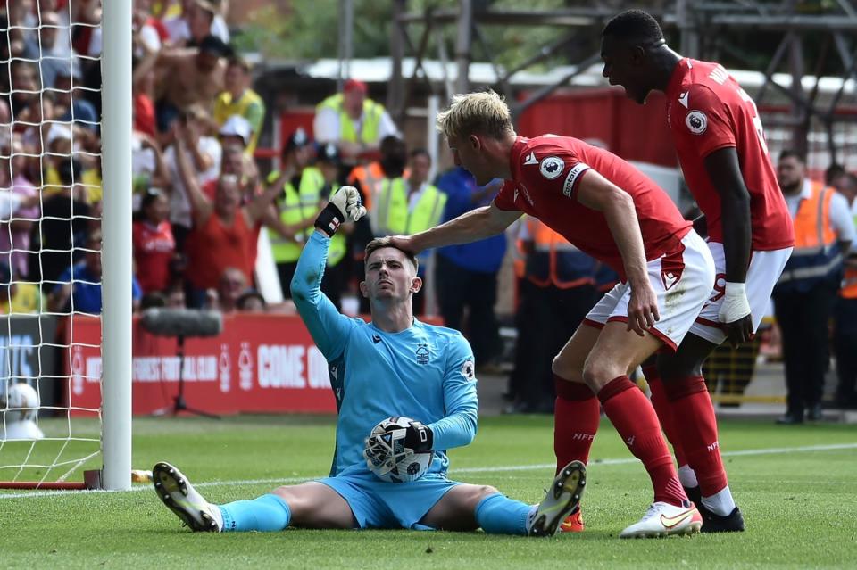 Dean Henderson saved Declan Rice’s penalty to preserve Forest’s lead (AP)