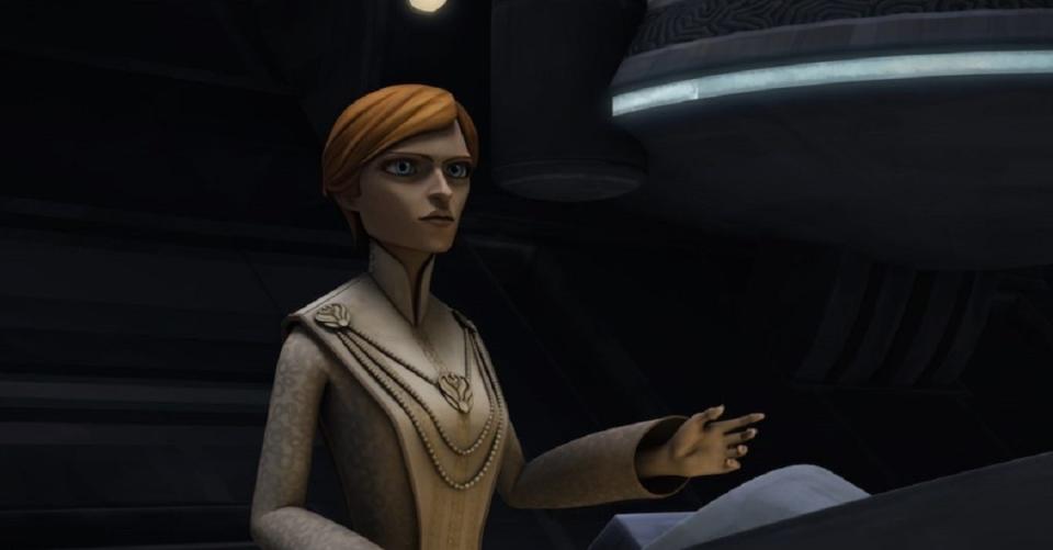 Mon Mothma in the senate chambers in The Clone Wars series.