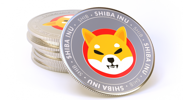 Stack of Shiba Inu (SHIB-USD) coins isolated on white background.