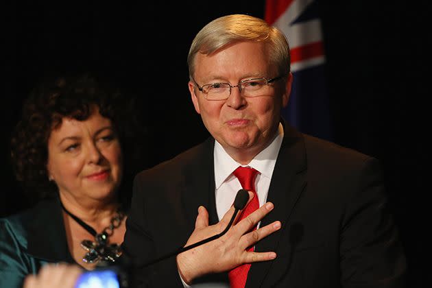 Rudd speaks to supporters on stage as he concedes defeat in the 2013 election. Photo: Getty