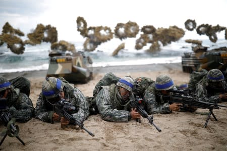 FILE PHOTO: South Korean marines take part in a U.S.-South Korea joint landing operation drill as part of the two countries' annual military training called Foal Eagle, in Pohang