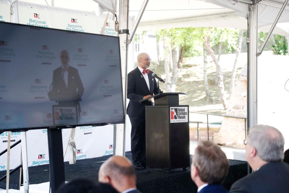 The Civil Rights museum hosts a groundbreaking ceremony for its planned renovation of its Legacy Building and Founders Park. President Dr. Russ Wigginton gives his remarks to the crowd during the ceremony on May 16, 2023 at the Civil Rights Museum in Memphis, Tenn.