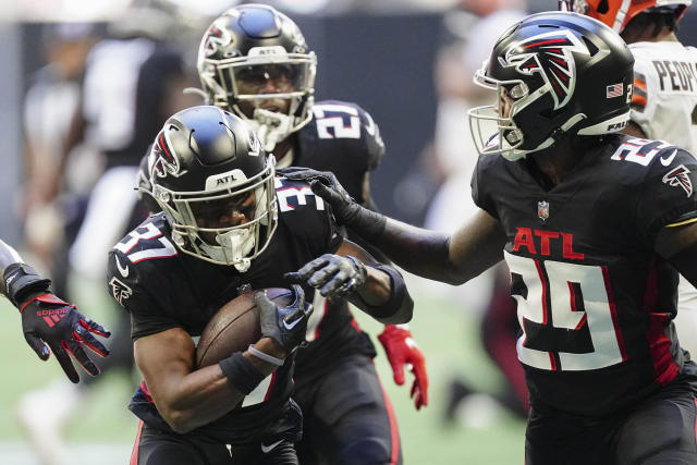 Atlanta Falcons quarterback Marcus Mariota (1) runs the ball during the  first half of an NFL football game against the Cleveland Browns, Sunday,  Oct. 2, 2022, in Atlanta. The Atlanta Falcons won