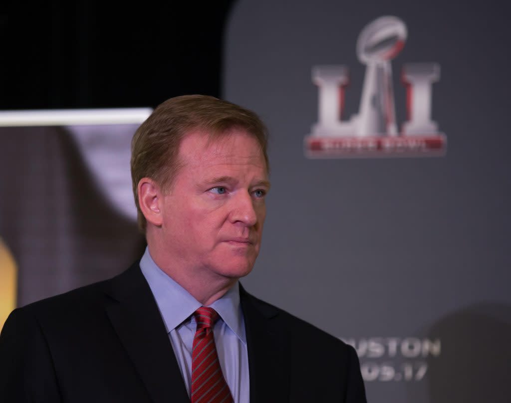 Feb 8, 2016; San Francisco, CA, USA; NFL commissioner Roger Goodell during a "Handoff to Houston" press conference at the Super Bowl Media Center at Moscone Center-West. Mandatory Credit: Kelley L Cox-USA TODAY Sports