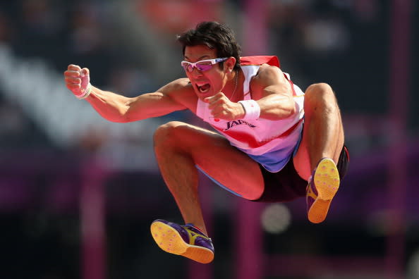 Keisuke Ushiro of Japan reacts after competing in the Men's Decathlon Pole Vault on Day 13 of the London 2012 Olympic Games at Olympic Stadium on August 9, 2012 in London, England. (Photo by Feng Li/Getty Images)