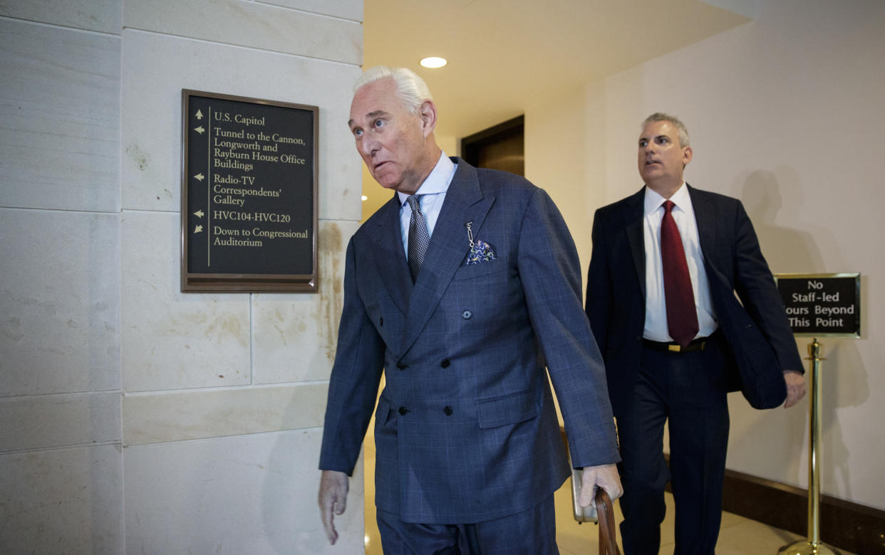In this 2017 photo, Roger Stone arrives to testify before the House Intelligence Committee. (Photo: J. Scott Applewhite/AP)