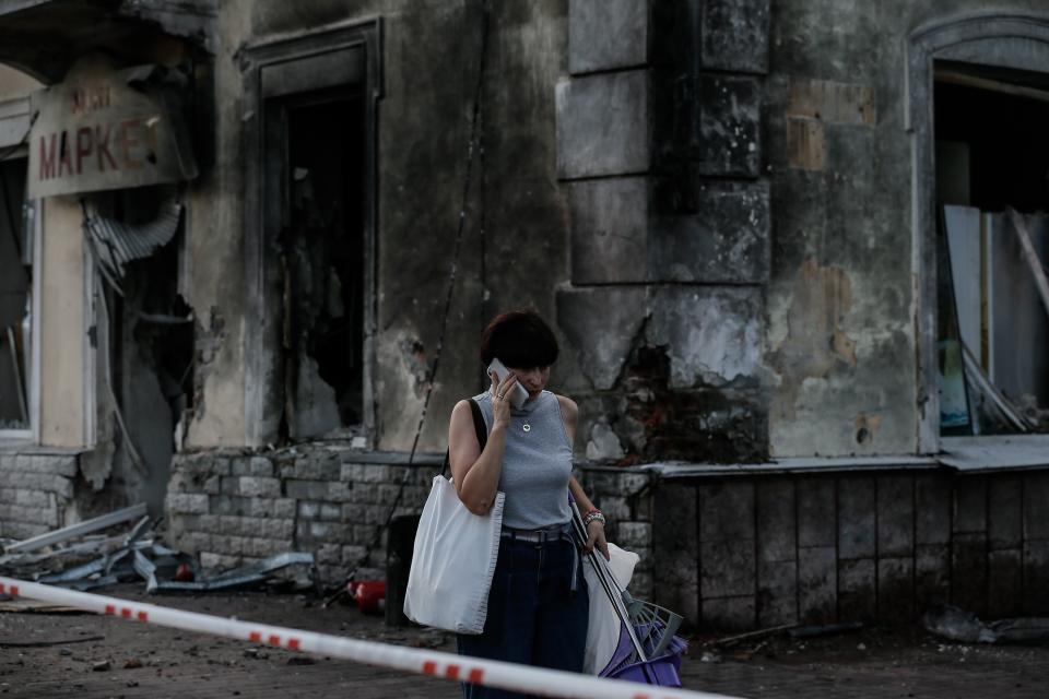 The scene of a missile hit at the Drama Theatre in central Chernihiv (EPA)