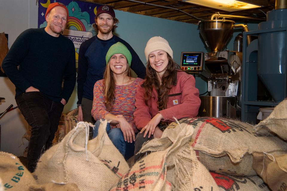 The team at Cooperative Coffee Roasters, from left, Eli Masem, Matthew McDaniel, Katie McDaniel, and Hannah Ramirez, January 19, 2024.