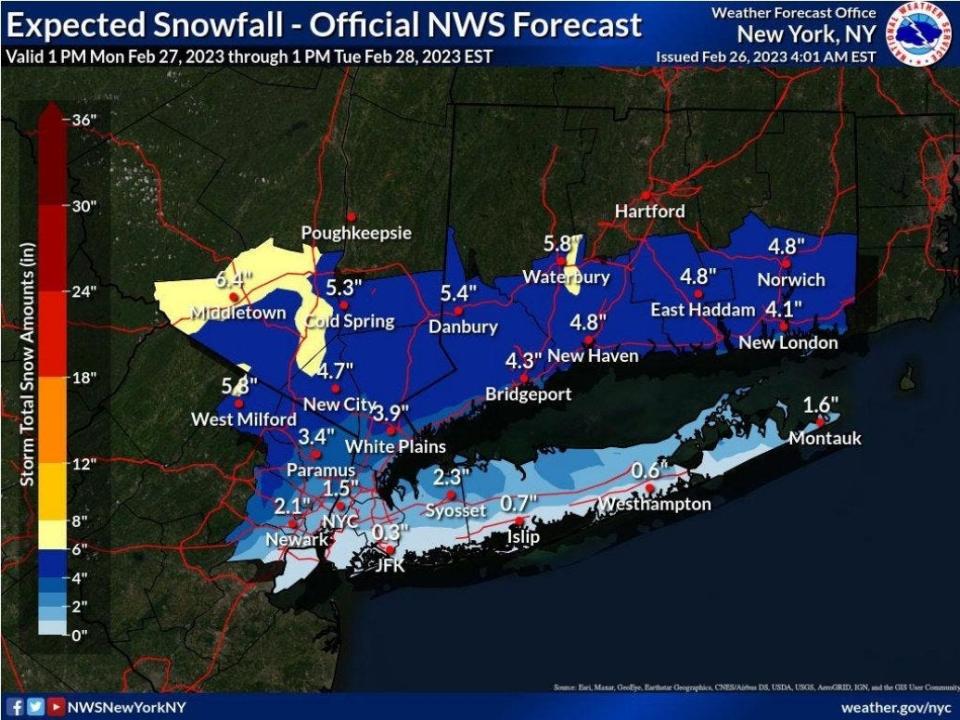 Expected snowfall from the National Weather Service in New York City on Feb. 27-28.