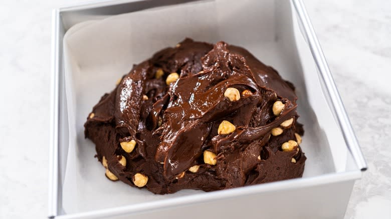 Fudge batter in baking dish 