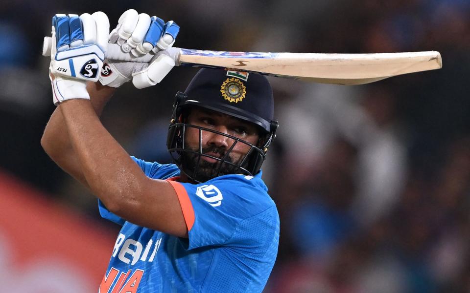 Rohit Sharma winds up to hit a boundary