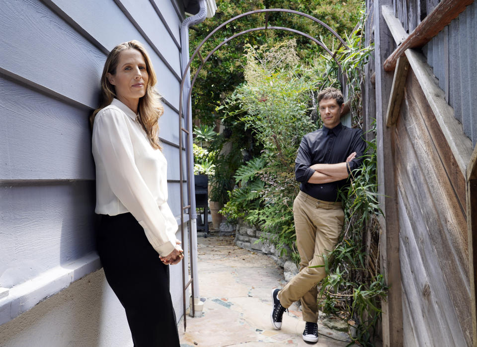 Kristin Gore, left, and her husband Damian Kulash, co-directors of the film "The Beanie Bubble," pose for a portrait in Los Angeles on June 28, 2023. (AP Photo/Chris Pizzello)