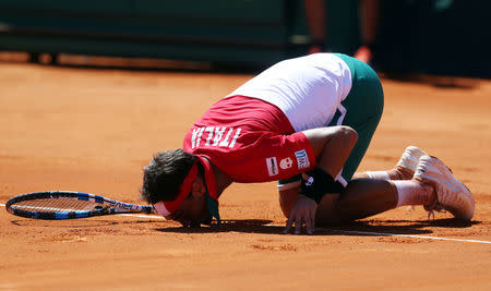 Tennis - Argentina v Italy - Davis Cup World Group First Round - Parque Sarmiento stadium, Buenos Aires, Argentina - 6/2/17. Italy's Fabio Fognini kisses the ground after winning his match against Argentina's Guido Pella. REUTERS/Marcos Brindicci