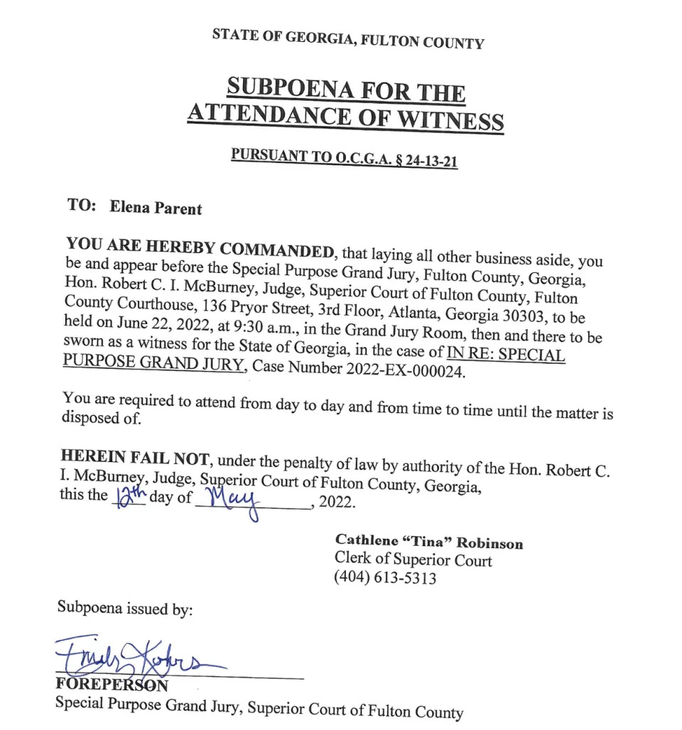 A grand jury subpoena relating to Fulton County District Attorney Fani Willis' investigation into former President Donald Trump's efforts to overturn the 2020 election results in Georgia. (Yahoo News)
