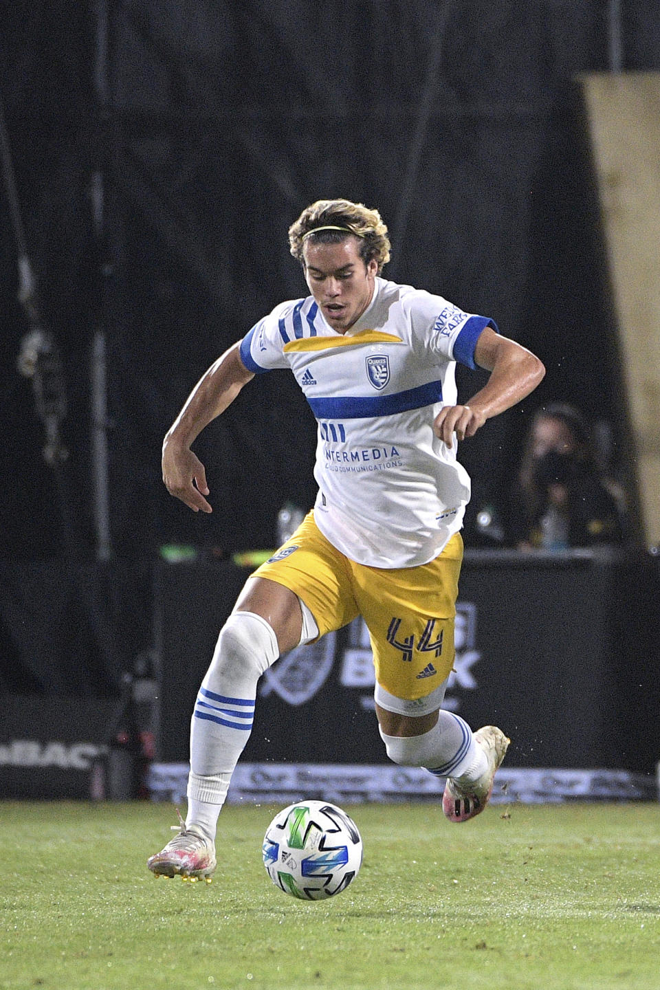 FILE - San Jose Earthquakes forward Cade Cowell (44) plays against Real Salt Lake during the second half of an MLS soccer match in Kissimmee, Fla., in this Monday, July 27, 2020, file photo. Clark is being talked about as a potential breakout star for the upcoming Major League Soccer season. (AP Photo/Phelan M. Ebenhack, File)